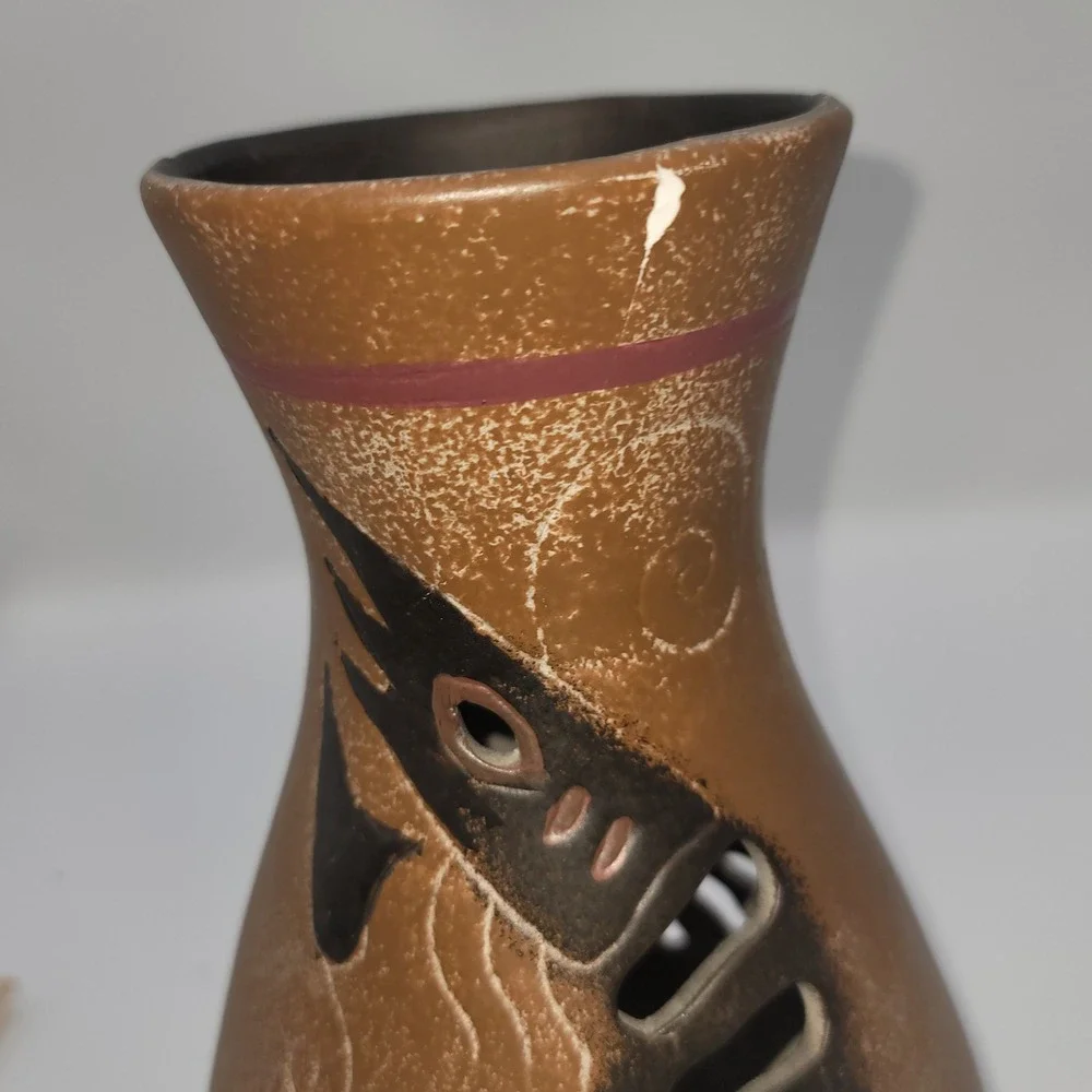 Southwestern Cut Out Terracotta Vase Hand Painted Tribal Brown Ceramic 7.5 Inch